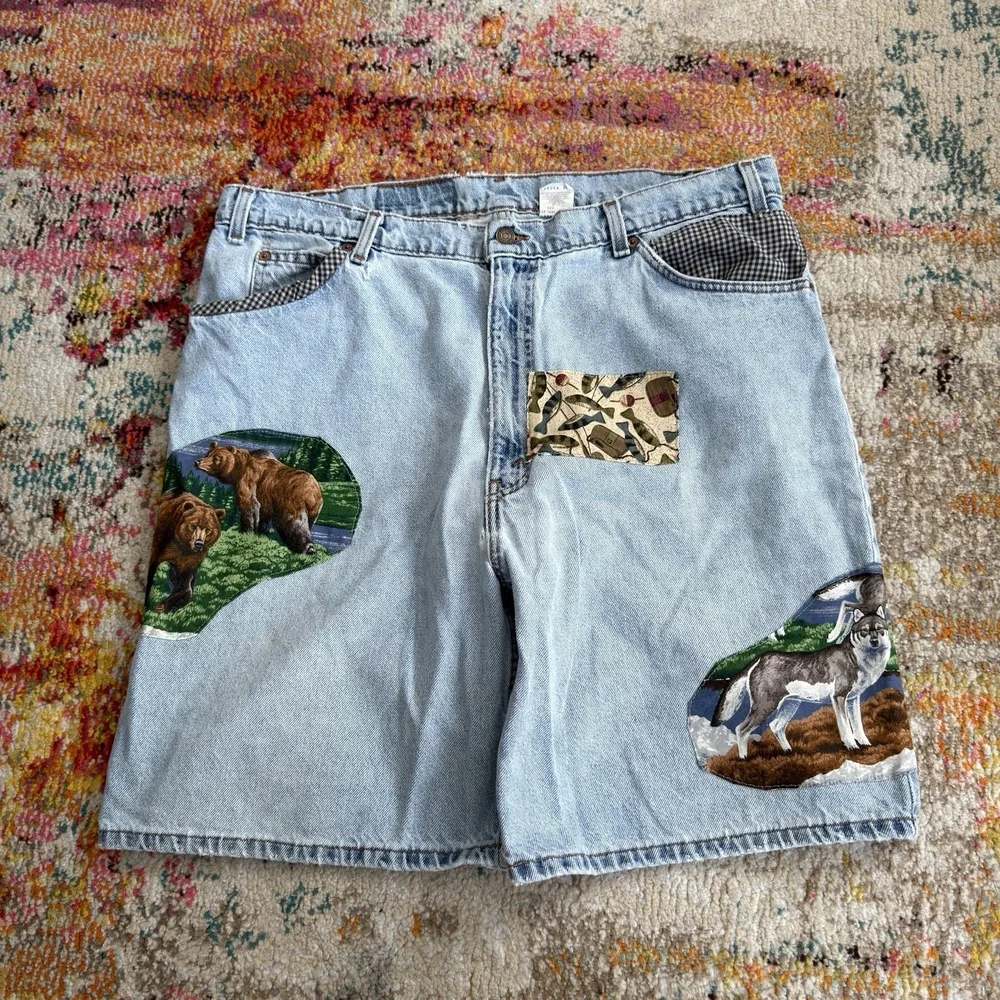 90s Levi's 550 Orange Tab Custom Patch Denim Shorts Light Wash W40 USA Made